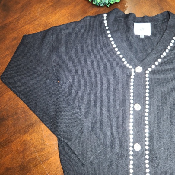 Live The Process Sweaters - LIV Milano Embellished Diamond Cardigan Sweater Black Button-Down Ribbed Knit